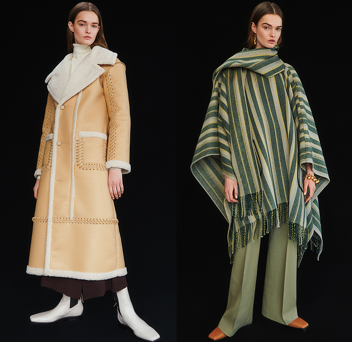 Jonathan Simkhai 2022-2023 Fall Autumn Winter Womens Lookbook Presentation - New York Fashion Week NYFW American Collections Calendar - Coat Fur Shearling Laces Stripes Poncho Western Fringes Blazer Jacket Pantsuit Pleats Patchwork Poufy Shoulders Puff Sleeves Knit Sweater Twist Onesie Shirtdress Beads Noodle Strap Dress Lace Embroidery Flowers Floral Wide Leg Fishnet Crystals Square Sequins Cutout Holes Crop Top Midriff Tights Leggings Boots