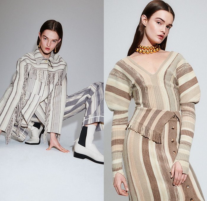 Jonathan Simkhai 2022-2023 Fall Autumn Winter Womens Lookbook Presentation - New York Fashion Week NYFW American Collections Calendar - Coat Fur Shearling Laces Stripes Poncho Western Fringes Blazer Jacket Pantsuit Pleats Patchwork Poufy Shoulders Puff Sleeves Knit Sweater Twist Onesie Shirtdress Beads Noodle Strap Dress Lace Embroidery Flowers Floral Wide Leg Fishnet Crystals Square Sequins Cutout Holes Crop Top Midriff Tights Leggings Boots