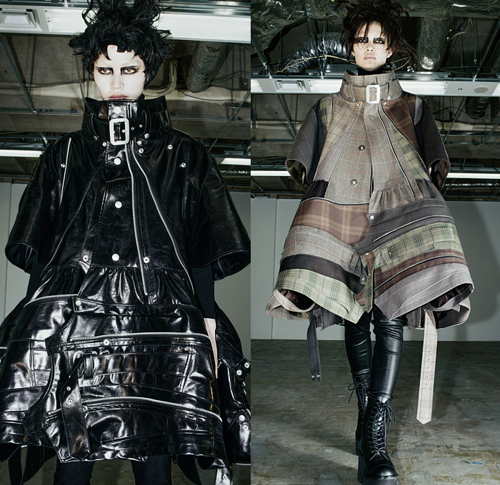 Junya Watanabe 2022-2023 Fall Autumn Winter Womens Runway Looks - Plight The Spiralling of Winter Ghosts - Gothic Punk Rock Black Knit Turtleneck Motorcycle Biker Moto Jacket Zippers Patchwork Belts Straps Leather Shirtdress A-Line Plaid Check Wide Sleeves Bell Hem Poodle Skirt Leggings Tights Coat Parka Velvet Capelet Pellegrina Poncho Parachute Dress Deconstructed Accordion Pleats Wrapped Tiered Geometric Suspenders Harness Braces Leopard Cheetah Denim Jeans Fur Boots Elevator Shoes