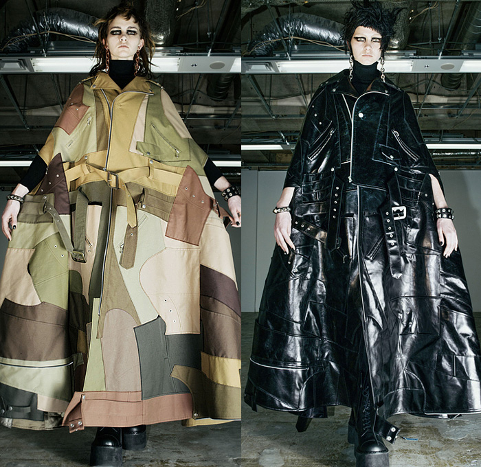 Junya Watanabe 2022-2023 Fall Autumn Winter Womens Runway Looks - Plight The Spiralling of Winter Ghosts - Gothic Punk Rock Black Knit Turtleneck Motorcycle Biker Moto Jacket Zippers Patchwork Belts Straps Leather Shirtdress A-Line Plaid Check Wide Sleeves Bell Hem Poodle Skirt Leggings Tights Coat Parka Velvet Capelet Pellegrina Poncho Parachute Dress Deconstructed Accordion Pleats Wrapped Tiered Geometric Suspenders Harness Braces Leopard Cheetah Denim Jeans Fur Boots Elevator Shoes