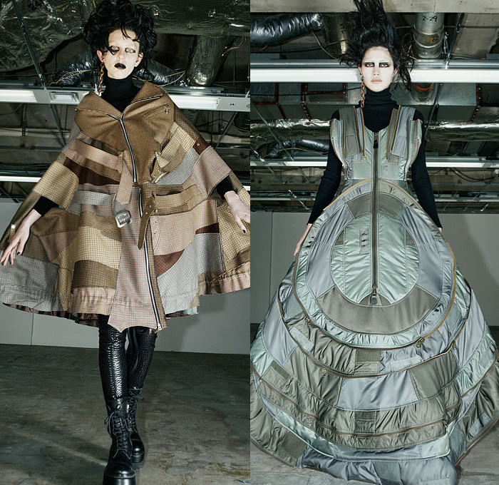 Junya Watanabe 2022-2023 Fall Autumn Winter Womens Runway Looks - Plight The Spiralling of Winter Ghosts - Gothic Punk Rock Black Knit Turtleneck Motorcycle Biker Moto Jacket Zippers Patchwork Belts Straps Leather Shirtdress A-Line Plaid Check Wide Sleeves Bell Hem Poodle Skirt Leggings Tights Coat Parka Velvet Capelet Pellegrina Poncho Parachute Dress Deconstructed Accordion Pleats Wrapped Tiered Geometric Suspenders Harness Braces Leopard Cheetah Denim Jeans Fur Boots Elevator Shoes