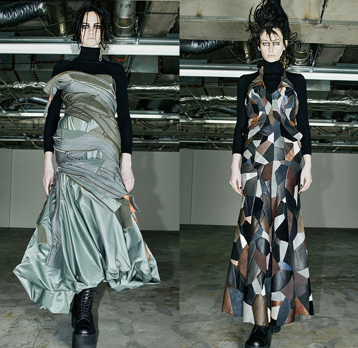 Junya Watanabe 2022-2023 Fall Autumn Winter Womens Runway Looks - Plight The Spiralling of Winter Ghosts - Gothic Punk Rock Black Knit Turtleneck Motorcycle Biker Moto Jacket Zippers Patchwork Belts Straps Leather Shirtdress A-Line Plaid Check Wide Sleeves Bell Hem Poodle Skirt Leggings Tights Coat Parka Velvet Capelet Pellegrina Poncho Parachute Dress Deconstructed Accordion Pleats Wrapped Tiered Geometric Suspenders Harness Braces Leopard Cheetah Denim Jeans Fur Boots Elevator Shoes