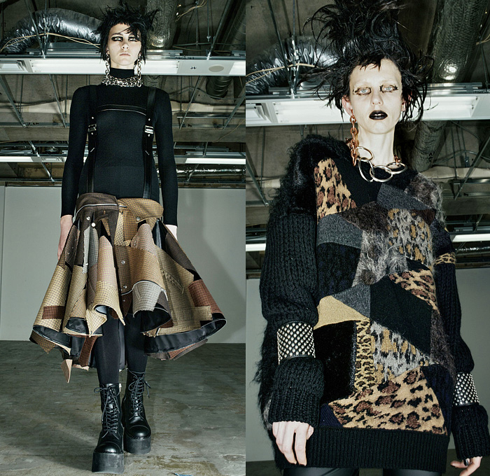 Junya Watanabe 2022-2023 Fall Autumn Winter Womens Runway Looks - Plight The Spiralling of Winter Ghosts - Gothic Punk Rock Black Knit Turtleneck Motorcycle Biker Moto Jacket Zippers Patchwork Belts Straps Leather Shirtdress A-Line Plaid Check Wide Sleeves Bell Hem Poodle Skirt Leggings Tights Coat Parka Velvet Capelet Pellegrina Poncho Parachute Dress Deconstructed Accordion Pleats Wrapped Tiered Geometric Suspenders Harness Braces Leopard Cheetah Denim Jeans Fur Boots Elevator Shoes