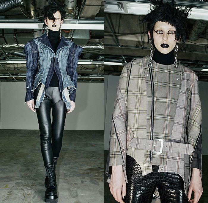 Junya Watanabe 2022-2023 Fall Autumn Winter Womens Runway Looks - Plight The Spiralling of Winter Ghosts - Gothic Punk Rock Black Knit Turtleneck Motorcycle Biker Moto Jacket Zippers Patchwork Belts Straps Leather Shirtdress A-Line Plaid Check Wide Sleeves Bell Hem Poodle Skirt Leggings Tights Coat Parka Velvet Capelet Pellegrina Poncho Parachute Dress Deconstructed Accordion Pleats Wrapped Tiered Geometric Suspenders Harness Braces Leopard Cheetah Denim Jeans Fur Boots Elevator Shoes