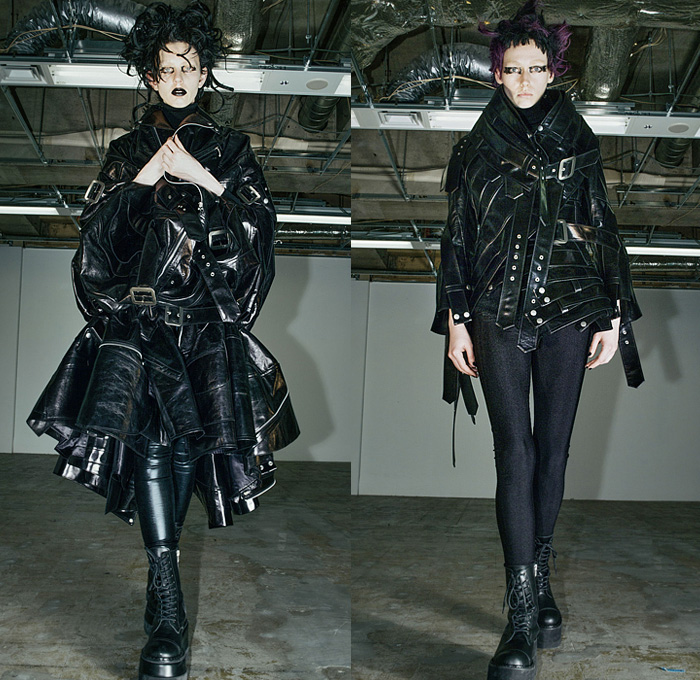 Junya Watanabe 2022-2023 Fall Autumn Winter Womens Runway Looks - Plight The Spiralling of Winter Ghosts - Gothic Punk Rock Black Knit Turtleneck Motorcycle Biker Moto Jacket Zippers Patchwork Belts Straps Leather Shirtdress A-Line Plaid Check Wide Sleeves Bell Hem Poodle Skirt Leggings Tights Coat Parka Velvet Capelet Pellegrina Poncho Parachute Dress Deconstructed Accordion Pleats Wrapped Tiered Geometric Suspenders Harness Braces Leopard Cheetah Denim Jeans Fur Boots Elevator Shoes