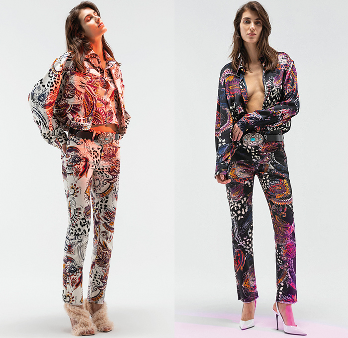 Just Cavalli 2022 Pre-Fall Autumn Womens Lookbook Presentation - Bohemian Paisley Metal Foil Motorcycle Biker Jacket Crop Top Midriff Studs Bedazzled Sequins Paint Denim Jeans Wide Leg Blouse Eagle Fringes Roses Flowers Floral Silk Satin Fur Cheetah Cargo Pants Coat Pantsuit Blazer Grunge Corduroy Big Buckle Brocade Cutout Feathers Party Dress Gown Ruffles Noodle Strap Cinch Pleats Leggings Tights Zebra Lace Strapless Knit Robe Snakeskin Boots