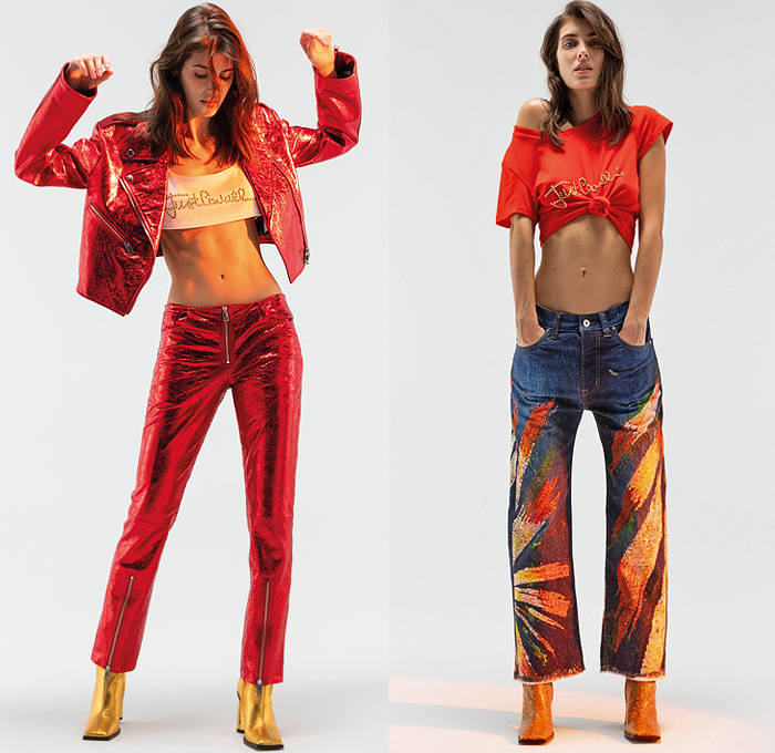 Just Cavalli 2022 Pre-Fall Autumn Womens Lookbook Presentation - Bohemian Paisley Metal Foil Motorcycle Biker Jacket Crop Top Midriff Studs Bedazzled Sequins Paint Denim Jeans Wide Leg Blouse Eagle Fringes Roses Flowers Floral Silk Satin Fur Cheetah Cargo Pants Coat Pantsuit Blazer Grunge Corduroy Big Buckle Brocade Cutout Feathers Party Dress Gown Ruffles Noodle Strap Cinch Pleats Leggings Tights Zebra Lace Strapless Knit Robe Snakeskin Boots