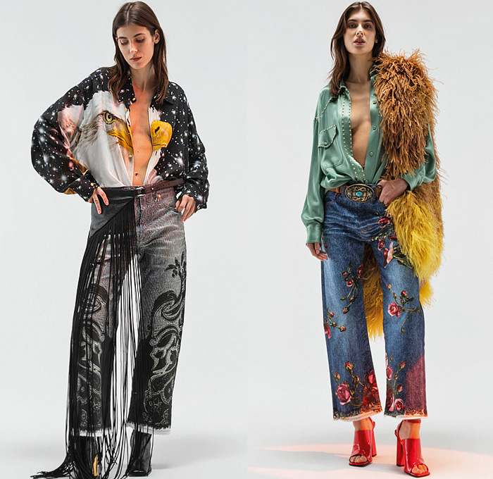 Just Cavalli 2022 Pre-Fall Autumn Womens Lookbook Presentation - Bohemian Paisley Metal Foil Motorcycle Biker Jacket Crop Top Midriff Studs Bedazzled Sequins Paint Denim Jeans Wide Leg Blouse Eagle Fringes Roses Flowers Floral Silk Satin Fur Cheetah Cargo Pants Coat Pantsuit Blazer Grunge Corduroy Big Buckle Brocade Cutout Feathers Party Dress Gown Ruffles Noodle Strap Cinch Pleats Leggings Tights Zebra Lace Strapless Knit Robe Snakeskin Boots