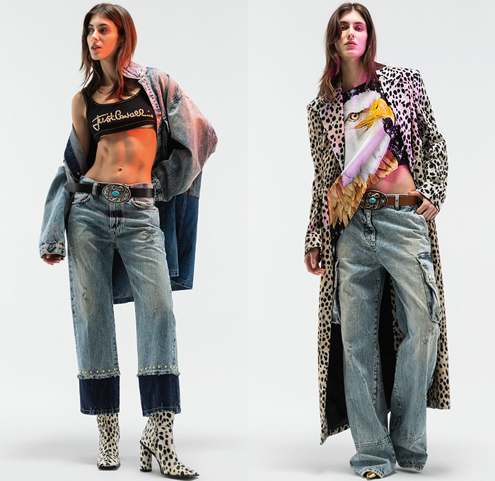 Just Cavalli 2022 Pre-Fall Autumn Womens Lookbook Presentation - Bohemian Paisley Metal Foil Motorcycle Biker Jacket Crop Top Midriff Studs Bedazzled Sequins Paint Denim Jeans Wide Leg Blouse Eagle Fringes Roses Flowers Floral Silk Satin Fur Cheetah Cargo Pants Coat Pantsuit Blazer Grunge Corduroy Big Buckle Brocade Cutout Feathers Party Dress Gown Ruffles Noodle Strap Cinch Pleats Leggings Tights Zebra Lace Strapless Knit Robe Snakeskin Boots