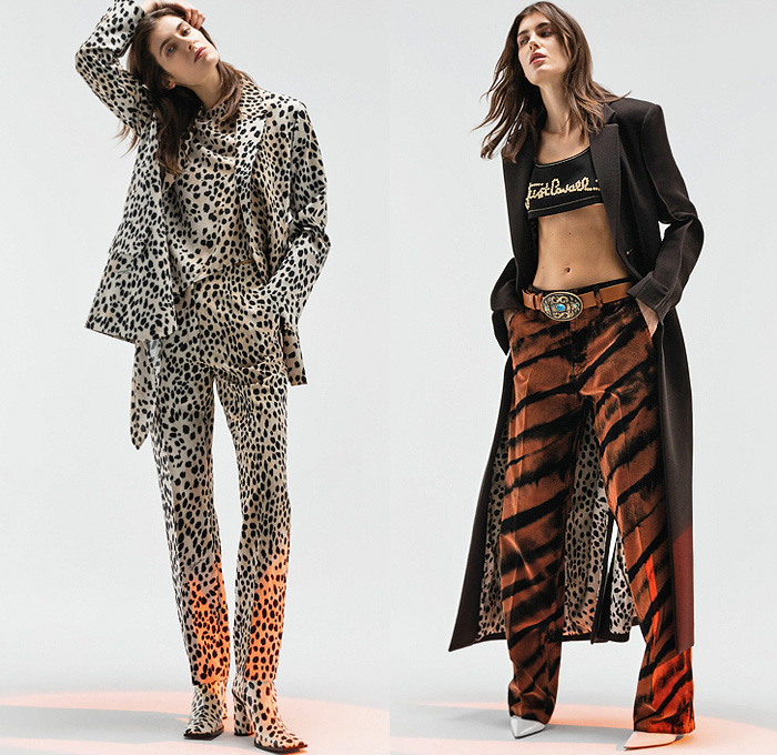 Just Cavalli 2022 Pre-Fall Autumn Womens Lookbook Presentation - Bohemian Paisley Metal Foil Motorcycle Biker Jacket Crop Top Midriff Studs Bedazzled Sequins Paint Denim Jeans Wide Leg Blouse Eagle Fringes Roses Flowers Floral Silk Satin Fur Cheetah Cargo Pants Coat Pantsuit Blazer Grunge Corduroy Big Buckle Brocade Cutout Feathers Party Dress Gown Ruffles Noodle Strap Cinch Pleats Leggings Tights Zebra Lace Strapless Knit Robe Snakeskin Boots