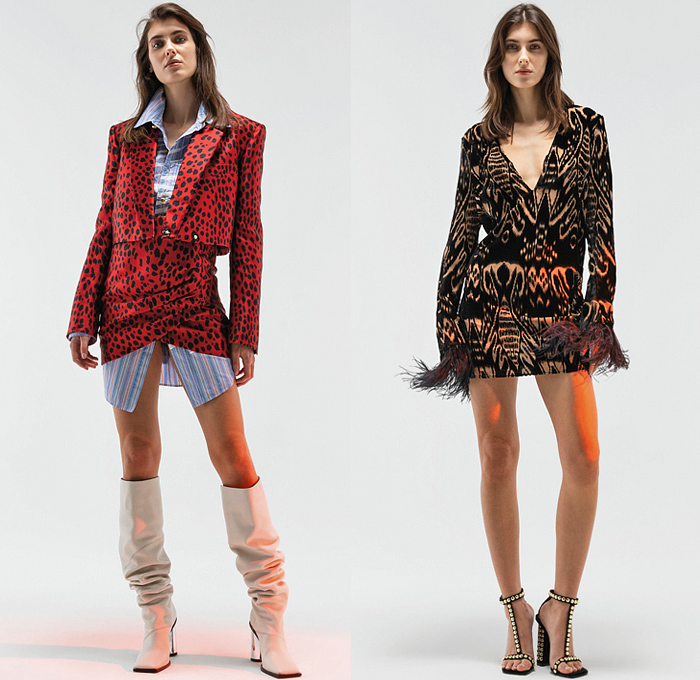 Just Cavalli 2022 Pre-Fall Autumn Womens Lookbook Presentation - Bohemian Paisley Metal Foil Motorcycle Biker Jacket Crop Top Midriff Studs Bedazzled Sequins Paint Denim Jeans Wide Leg Blouse Eagle Fringes Roses Flowers Floral Silk Satin Fur Cheetah Cargo Pants Coat Pantsuit Blazer Grunge Corduroy Big Buckle Brocade Cutout Feathers Party Dress Gown Ruffles Noodle Strap Cinch Pleats Leggings Tights Zebra Lace Strapless Knit Robe Snakeskin Boots