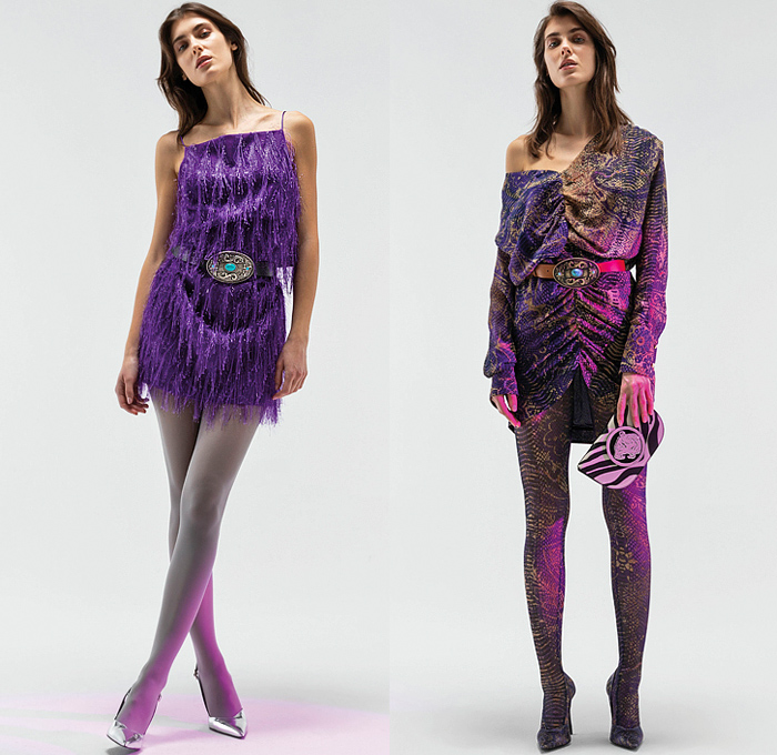 Just Cavalli 2022 Pre-Fall Autumn Womens Lookbook Presentation - Bohemian Paisley Metal Foil Motorcycle Biker Jacket Crop Top Midriff Studs Bedazzled Sequins Paint Denim Jeans Wide Leg Blouse Eagle Fringes Roses Flowers Floral Silk Satin Fur Cheetah Cargo Pants Coat Pantsuit Blazer Grunge Corduroy Big Buckle Brocade Cutout Feathers Party Dress Gown Ruffles Noodle Strap Cinch Pleats Leggings Tights Zebra Lace Strapless Knit Robe Snakeskin Boots