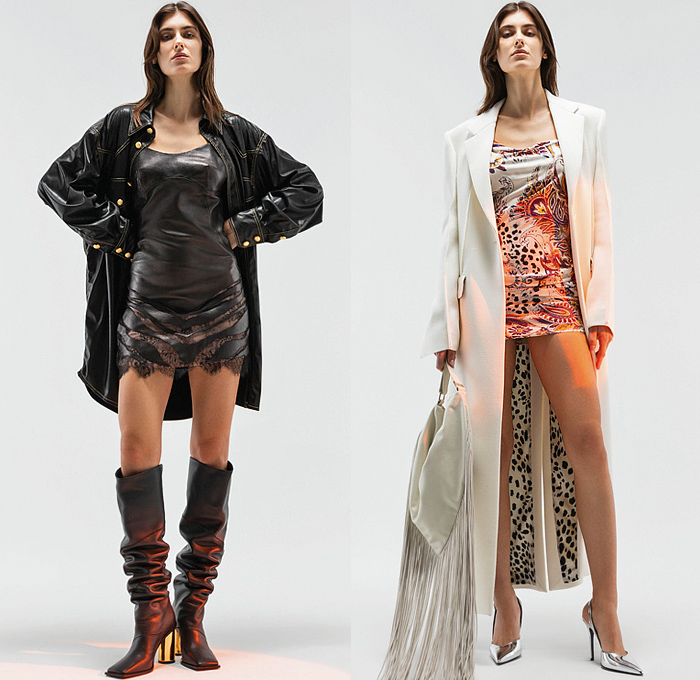 Just Cavalli 2022 Pre-Fall Autumn Womens Lookbook Presentation - Bohemian Paisley Metal Foil Motorcycle Biker Jacket Crop Top Midriff Studs Bedazzled Sequins Paint Denim Jeans Wide Leg Blouse Eagle Fringes Roses Flowers Floral Silk Satin Fur Cheetah Cargo Pants Coat Pantsuit Blazer Grunge Corduroy Big Buckle Brocade Cutout Feathers Party Dress Gown Ruffles Noodle Strap Cinch Pleats Leggings Tights Zebra Lace Strapless Knit Robe Snakeskin Boots