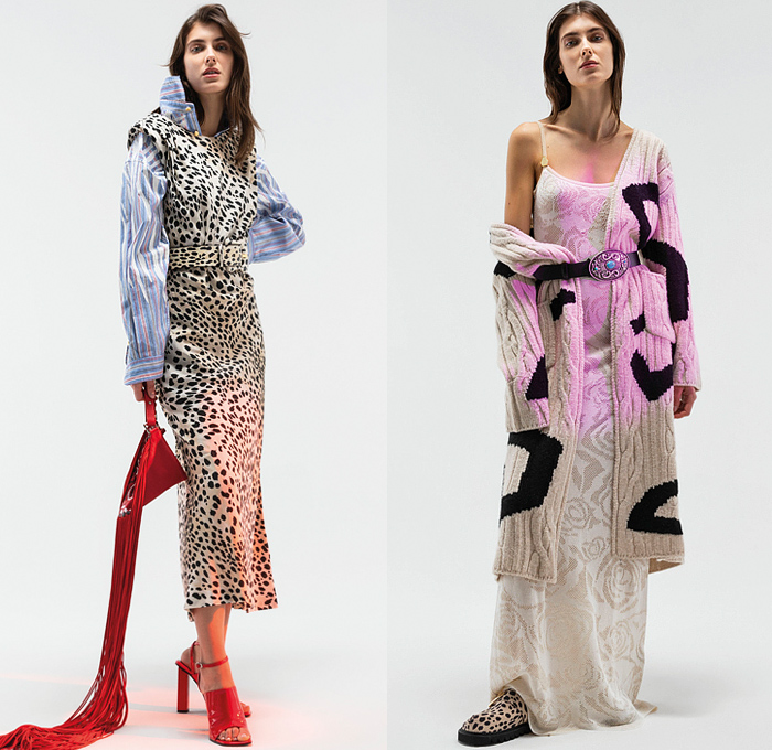 Just Cavalli 2022 Pre-Fall Autumn Womens Lookbook Presentation - Bohemian Paisley Metal Foil Motorcycle Biker Jacket Crop Top Midriff Studs Bedazzled Sequins Paint Denim Jeans Wide Leg Blouse Eagle Fringes Roses Flowers Floral Silk Satin Fur Cheetah Cargo Pants Coat Pantsuit Blazer Grunge Corduroy Big Buckle Brocade Cutout Feathers Party Dress Gown Ruffles Noodle Strap Cinch Pleats Leggings Tights Zebra Lace Strapless Knit Robe Snakeskin Boots