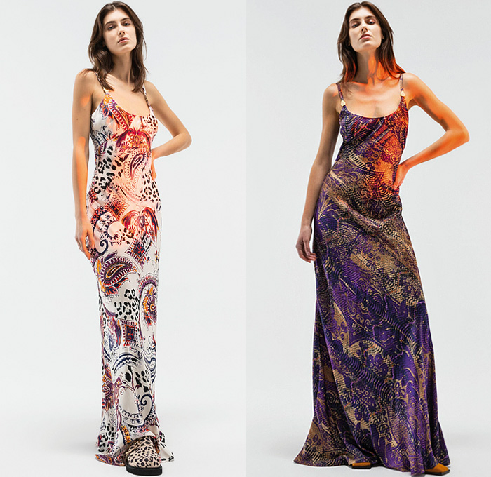 Just Cavalli 2022 Pre-Fall Autumn Womens Lookbook Presentation - Bohemian Paisley Metal Foil Motorcycle Biker Jacket Crop Top Midriff Studs Bedazzled Sequins Paint Denim Jeans Wide Leg Blouse Eagle Fringes Roses Flowers Floral Silk Satin Fur Cheetah Cargo Pants Coat Pantsuit Blazer Grunge Corduroy Big Buckle Brocade Cutout Feathers Party Dress Gown Ruffles Noodle Strap Cinch Pleats Leggings Tights Zebra Lace Strapless Knit Robe Snakeskin Boots