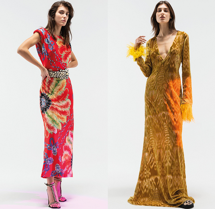 Just Cavalli 2022 Pre-Fall Autumn Womens Lookbook Presentation - Bohemian Paisley Metal Foil Motorcycle Biker Jacket Crop Top Midriff Studs Bedazzled Sequins Paint Denim Jeans Wide Leg Blouse Eagle Fringes Roses Flowers Floral Silk Satin Fur Cheetah Cargo Pants Coat Pantsuit Blazer Grunge Corduroy Big Buckle Brocade Cutout Feathers Party Dress Gown Ruffles Noodle Strap Cinch Pleats Leggings Tights Zebra Lace Strapless Knit Robe Snakeskin Boots