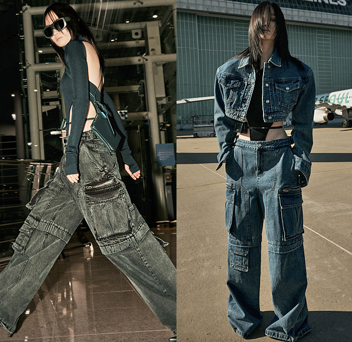 Juun.J 2022-2023 Fall Autumn Winter Womens Lookbook Presentation - Paris Fashion Week Homme Automne Hiver - Jetsetter Hoodie Quilted Puffer Parka Coat Military Aviator Oversized Knit Sweater Cutout Open Back Fanny Pack Purse Belt Bag Pouch Denim Jeans Crop Top Midriff Leotard Vest Military Aviator Jacket Cargo Utility Pockets Dress Wide Leg Detachable Zipper Panel Full Skirt Boots Rabbit Bunny Bag Tote