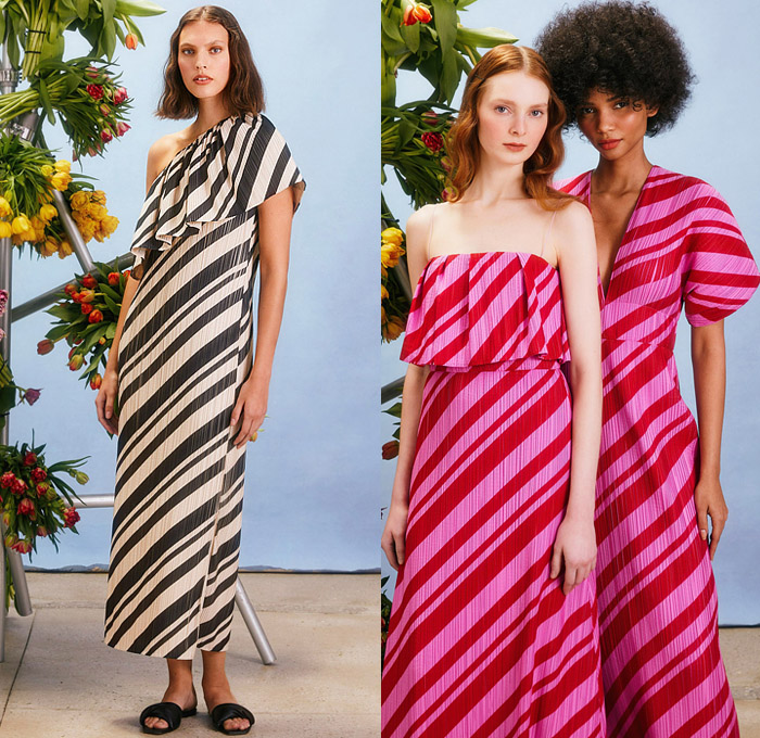 Lela Rose 2022 Pre-Fall Autumn Womens Lookbook Presentation – Tulips Flowers Floral Stripes Lace Embroidery Mesh Eyelets Stripes One Shoulder Strapless Crop Top Midriff Midi Skirt Blouse Patchwork Colorblock Ruffles Paint Smudges Sleeveless Silk Satin Straps Slippers Gown Eveningwear Sheer Prairie Damsel Dress