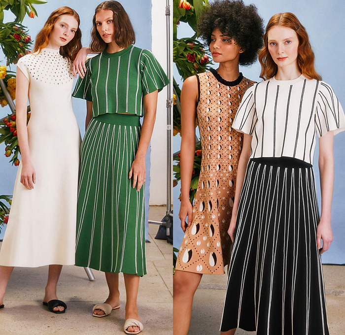 Lela Rose 2022 Pre-Fall Autumn Womens Lookbook Presentation – Tulips Flowers Floral Stripes Lace Embroidery Mesh Eyelets Stripes One Shoulder Strapless Crop Top Midriff Midi Skirt Blouse Patchwork Colorblock Ruffles Paint Smudges Sleeveless Silk Satin Straps Slippers Gown Eveningwear Sheer Prairie Damsel Dress