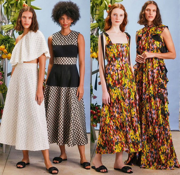 Lela Rose 2022 Pre-Fall Autumn Womens Lookbook Presentation – Tulips Flowers Floral Stripes Lace Embroidery Mesh Eyelets Stripes One Shoulder Strapless Crop Top Midriff Midi Skirt Blouse Patchwork Colorblock Ruffles Paint Smudges Sleeveless Silk Satin Straps Slippers Gown Eveningwear Sheer Prairie Damsel Dress