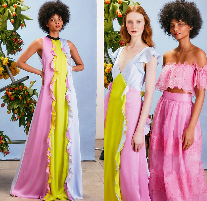 Lela Rose 2022 Pre-Fall Autumn Womens Lookbook Presentation – Tulips Flowers Floral Stripes Lace Embroidery Mesh Eyelets Stripes One Shoulder Strapless Crop Top Midriff Midi Skirt Blouse Patchwork Colorblock Ruffles Paint Smudges Sleeveless Silk Satin Straps Slippers Gown Eveningwear Sheer Prairie Damsel Dress