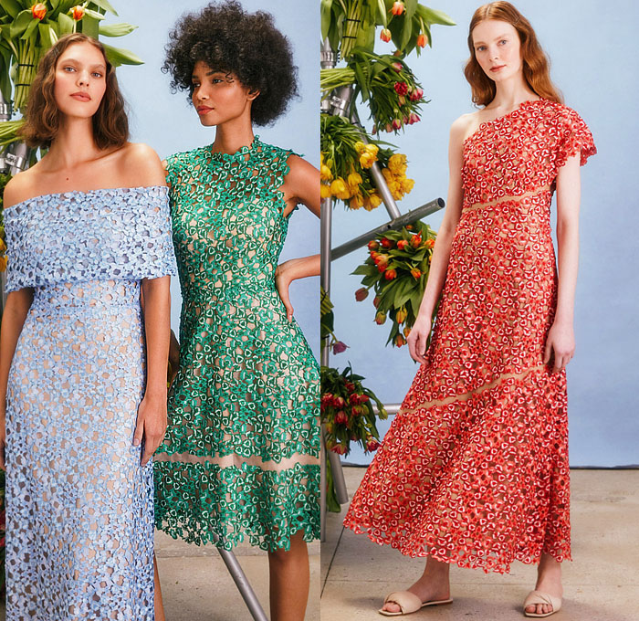 Lela Rose 2022 Pre-Fall Autumn Womens Lookbook Presentation – Tulips Flowers Floral Stripes Lace Embroidery Mesh Eyelets Stripes One Shoulder Strapless Crop Top Midriff Midi Skirt Blouse Patchwork Colorblock Ruffles Paint Smudges Sleeveless Silk Satin Straps Slippers Gown Eveningwear Sheer Prairie Damsel Dress