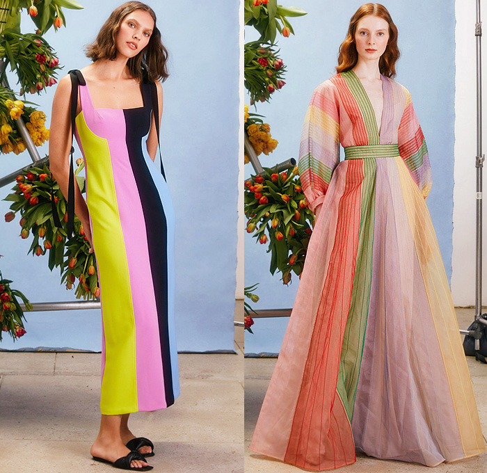 Lela Rose 2022 Pre-Fall Autumn Womens Lookbook Presentation – Tulips Flowers Floral Stripes Lace Embroidery Mesh Eyelets Stripes One Shoulder Strapless Crop Top Midriff Midi Skirt Blouse Patchwork Colorblock Ruffles Paint Smudges Sleeveless Silk Satin Straps Slippers Gown Eveningwear Sheer Prairie Damsel Dress