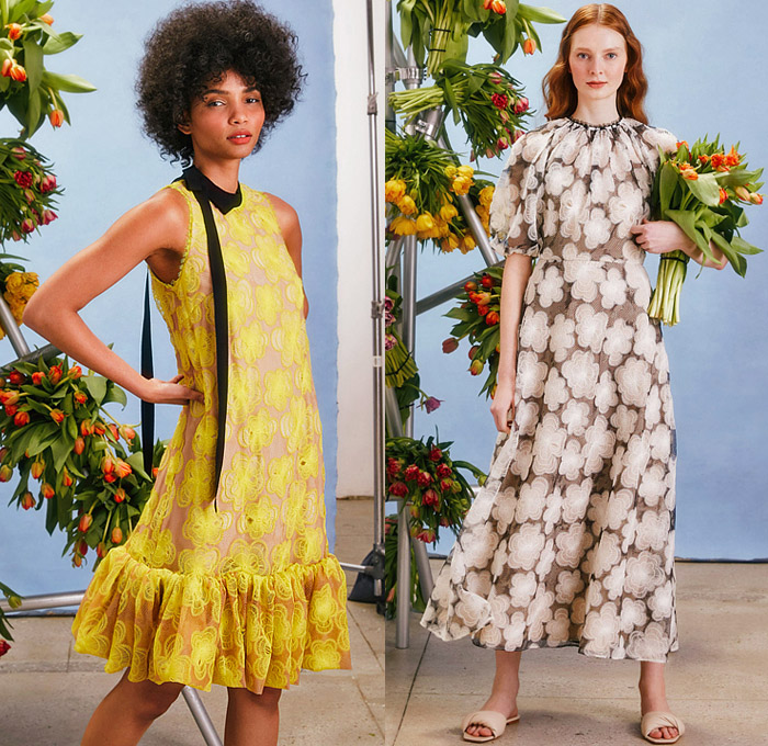 Lela Rose 2022 Pre-Fall Autumn Womens Lookbook Presentation – Tulips Flowers Floral Stripes Lace Embroidery Mesh Eyelets Stripes One Shoulder Strapless Crop Top Midriff Midi Skirt Blouse Patchwork Colorblock Ruffles Paint Smudges Sleeveless Silk Satin Straps Slippers Gown Eveningwear Sheer Prairie Damsel Dress