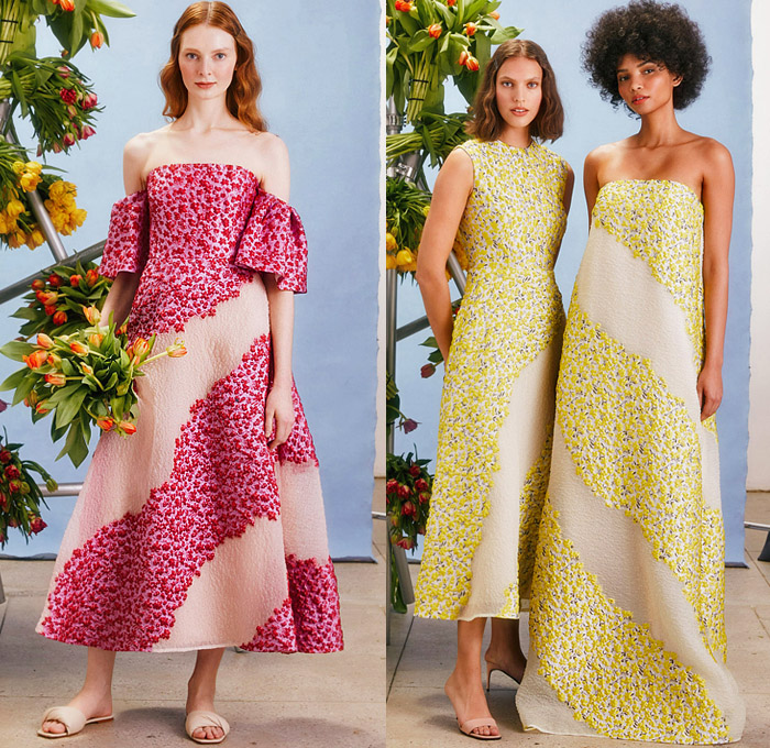 Lela Rose 2022 Pre-Fall Autumn Womens Lookbook Presentation – Tulips Flowers Floral Stripes Lace Embroidery Mesh Eyelets Stripes One Shoulder Strapless Crop Top Midriff Midi Skirt Blouse Patchwork Colorblock Ruffles Paint Smudges Sleeveless Silk Satin Straps Slippers Gown Eveningwear Sheer Prairie Damsel Dress