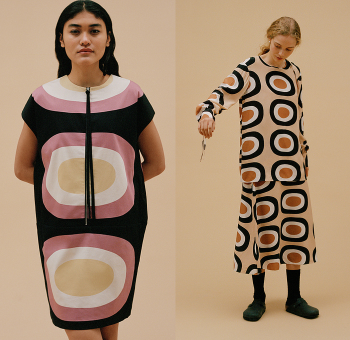 Marimekko 2022-2023 Fall Autumn Winter Womens Lookbook Presentation - Copenhagen Fashion Week CPHFW Denmark - Folk Costumes Tailoring Tribal Ethnic Geometric Pattern Dress Shirt Blouse Midi Skirt Shift Dress Bullseye Waves Coat Outerwear Robe Quilted Puffer Hoodie Parka Flowers Floral Onesie Shirtdress Scales Stripes Turtleneck Sweater Wide Leg Slouchy Pants Clogs