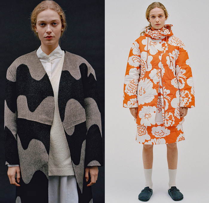 Marimekko 2022-2023 Fall Autumn Winter Womens Lookbook Presentation - Copenhagen Fashion Week CPHFW Denmark - Folk Costumes Tailoring Tribal Ethnic Geometric Pattern Dress Shirt Blouse Midi Skirt Shift Dress Bullseye Waves Coat Outerwear Robe Quilted Puffer Hoodie Parka Flowers Floral Onesie Shirtdress Scales Stripes Turtleneck Sweater Wide Leg Slouchy Pants Clogs