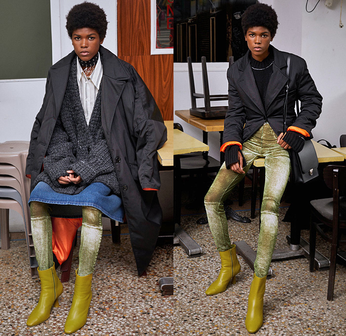 MM6 Maison Margiela 2022 Pre-Fall Autumn Womens Lookbook Presentation - Pseudo Denim Jeans Flare Wide Leg Motorcycle Biker Jacket Oversized Knit Turtleneck Sweater Scarf Cardigan Choker Coat Parka Quilted Puffer Stripes Pinstripe Tights Leggings Sleeveless Vest Suede Onesie Jumpsuit Coveralls Boiler Suit Long Sleeve Blouse Shirt Blazerdress Holes Accordion Pleats Shearling Pockets Sock Boots Handbag Dog Tag