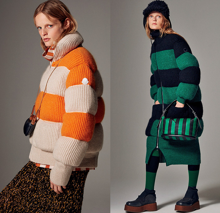 Moncler 2 1952 2022-2023 Fall Autumn Winter Womens Lookbook Presentation - Chunky Bubble Knit Sweater Jumper Wool Weave Tweed Stripes Sweaterdress Headwear Wool Cap Beanie Vest Gilet Outerwear Hoodie Parka Trench Coat Pockets Corset Wide Lapel Flowers Floral Metallic Jacquard Brocade Patchwork Embossed Shorts Wide Leg Loungewear Lanyard Mini Bag Pouch Handbag Purse Sport Socks Arm Warmers Platform Shoes Quilted Boots