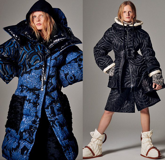 Moncler 2 1952 2022-2023 Fall Autumn Winter Womens Lookbook Presentation - Chunky Bubble Knit Sweater Jumper Wool Weave Tweed Stripes Sweaterdress Headwear Wool Cap Beanie Vest Gilet Outerwear Hoodie Parka Trench Coat Pockets Corset Wide Lapel Flowers Floral Metallic Jacquard Brocade Patchwork Embossed Shorts Wide Leg Loungewear Lanyard Mini Bag Pouch Handbag Purse Sport Socks Arm Warmers Platform Shoes Quilted Boots