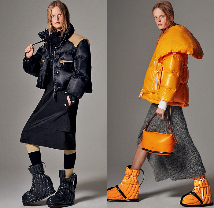 Moncler 2 1952 2022-2023 Fall Autumn Winter Womens Lookbook Presentation - Chunky Bubble Knit Sweater Jumper Wool Weave Tweed Stripes Sweaterdress Headwear Wool Cap Beanie Vest Gilet Outerwear Hoodie Parka Trench Coat Pockets Corset Wide Lapel Flowers Floral Metallic Jacquard Brocade Patchwork Embossed Shorts Wide Leg Loungewear Lanyard Mini Bag Pouch Handbag Purse Sport Socks Arm Warmers Platform Shoes Quilted Boots