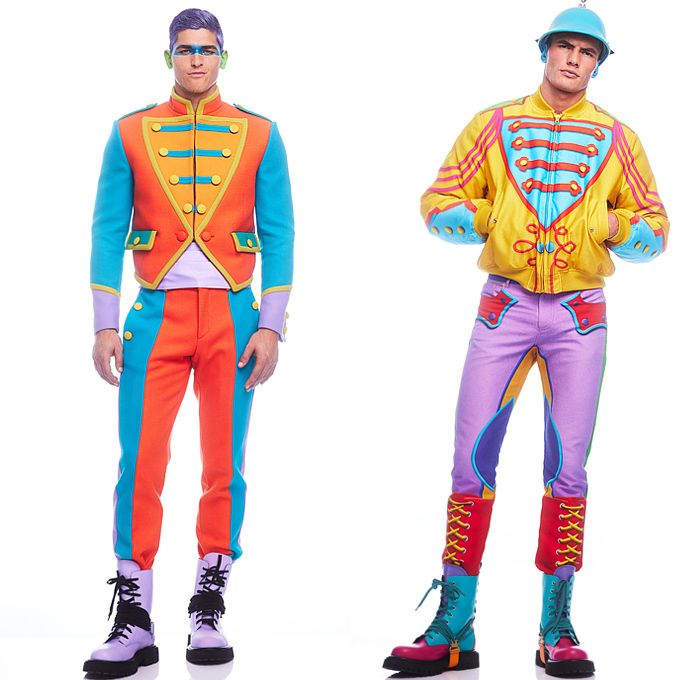 Moschino 2022-2023 Fall Autumn Winter Mens Lookbook Presentation - Colorblock Marching Band Drum Corps Blazer Outerwear Coat Suit Motorcycle Biker Jacket Laces TuxedoBow Tie Vest Shorts Swirls Topography Cubes Prisms Stripes Coins Fanny Pack Belt Bag Pouch Opera Gloves Boots Mask Police Hat