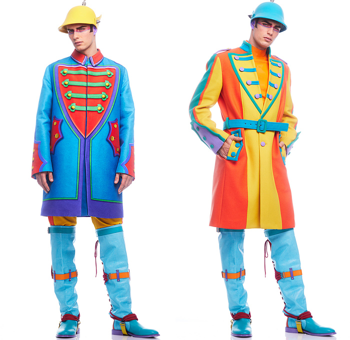 Moschino 2022-2023 Fall Autumn Winter Mens Lookbook Presentation - Colorblock Marching Band Drum Corps Blazer Outerwear Coat Suit Motorcycle Biker Jacket Laces TuxedoBow Tie Vest Shorts Swirls Topography Cubes Prisms Stripes Coins Fanny Pack Belt Bag Pouch Opera Gloves Boots Mask Police Hat