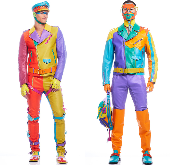 Moschino 2022-2023 Fall Autumn Winter Mens Lookbook Presentation - Colorblock Marching Band Drum Corps Blazer Outerwear Coat Suit Motorcycle Biker Jacket Laces TuxedoBow Tie Vest Shorts Swirls Topography Cubes Prisms Stripes Coins Fanny Pack Belt Bag Pouch Opera Gloves Boots Mask Police Hat