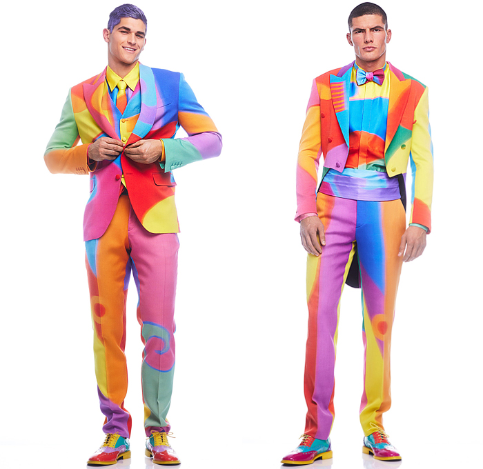 Moschino 2022-2023 Fall Autumn Winter Mens Lookbook Presentation - Colorblock Marching Band Drum Corps Blazer Outerwear Coat Suit Motorcycle Biker Jacket Laces TuxedoBow Tie Vest Shorts Swirls Topography Cubes Prisms Stripes Coins Fanny Pack Belt Bag Pouch Opera Gloves Boots Mask Police Hat