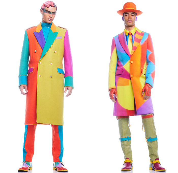 Moschino 2022-2023 Fall Autumn Winter Mens Lookbook Presentation - Colorblock Marching Band Drum Corps Blazer Outerwear Coat Suit Motorcycle Biker Jacket Laces TuxedoBow Tie Vest Shorts Swirls Topography Cubes Prisms Stripes Coins Fanny Pack Belt Bag Pouch Opera Gloves Boots Mask Police Hat