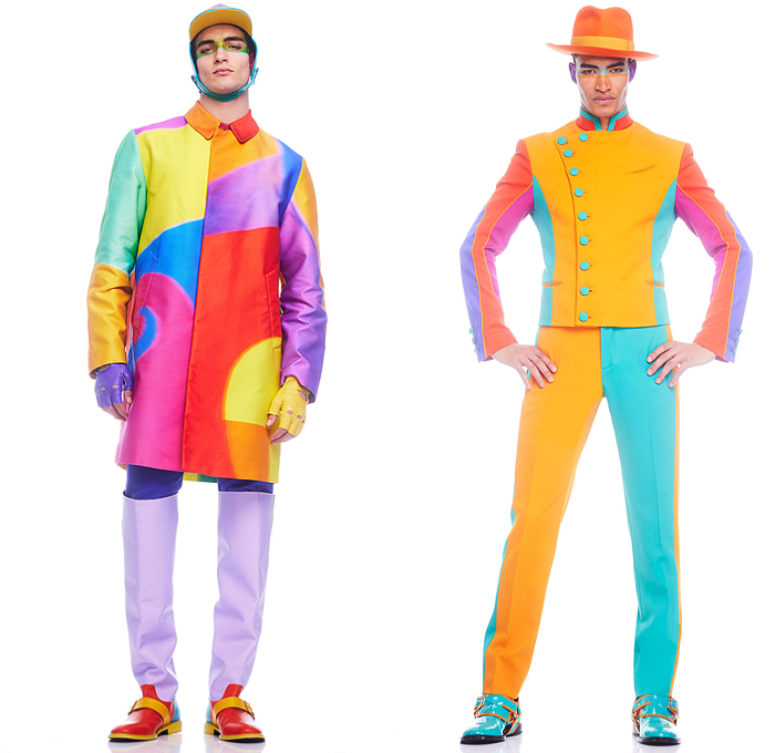 Moschino 2022-2023 Fall Autumn Winter Mens Lookbook Presentation - Colorblock Marching Band Drum Corps Blazer Outerwear Coat Suit Motorcycle Biker Jacket Laces TuxedoBow Tie Vest Shorts Swirls Topography Cubes Prisms Stripes Coins Fanny Pack Belt Bag Pouch Opera Gloves Boots Mask Police Hat