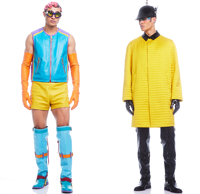 Moschino 2022-2023 Fall Autumn Winter Mens Lookbook Presentation - Colorblock Marching Band Drum Corps Blazer Outerwear Coat Suit Motorcycle Biker Jacket Laces TuxedoBow Tie Vest Shorts Swirls Topography Cubes Prisms Stripes Coins Fanny Pack Belt Bag Pouch Opera Gloves Boots Mask Police Hat