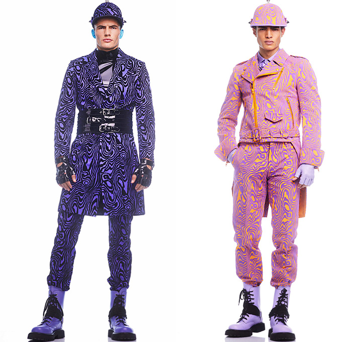 Moschino 2022-2023 Fall Autumn Winter Mens Lookbook Presentation - Colorblock Marching Band Drum Corps Blazer Outerwear Coat Suit Motorcycle Biker Jacket Laces TuxedoBow Tie Vest Shorts Swirls Topography Cubes Prisms Stripes Coins Fanny Pack Belt Bag Pouch Opera Gloves Boots Mask Police Hat