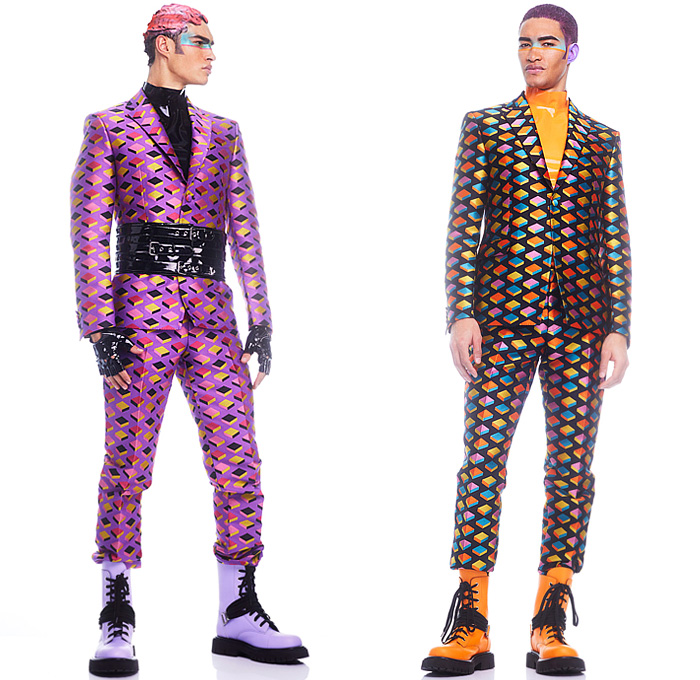 Moschino 2022-2023 Fall Autumn Winter Mens Lookbook Presentation - Colorblock Marching Band Drum Corps Blazer Outerwear Coat Suit Motorcycle Biker Jacket Laces TuxedoBow Tie Vest Shorts Swirls Topography Cubes Prisms Stripes Coins Fanny Pack Belt Bag Pouch Opera Gloves Boots Mask Police Hat