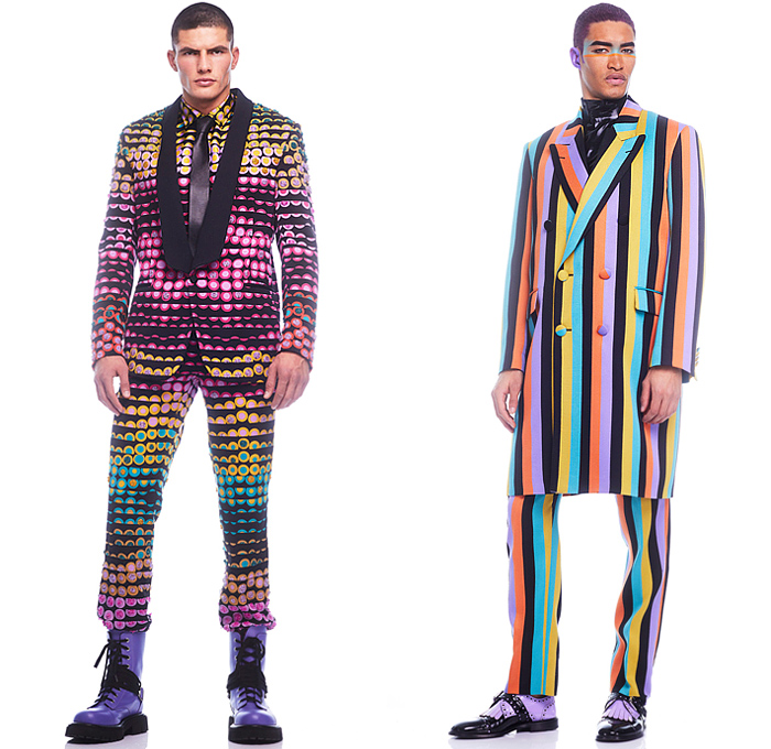 Moschino 2022-2023 Fall Autumn Winter Mens Lookbook Presentation - Colorblock Marching Band Drum Corps Blazer Outerwear Coat Suit Motorcycle Biker Jacket Laces TuxedoBow Tie Vest Shorts Swirls Topography Cubes Prisms Stripes Coins Fanny Pack Belt Bag Pouch Opera Gloves Boots Mask Police Hat