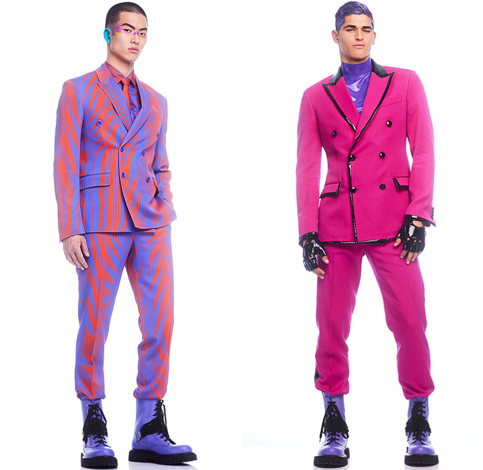 Moschino 2022-2023 Fall Autumn Winter Mens Lookbook Presentation - Colorblock Marching Band Drum Corps Blazer Outerwear Coat Suit Motorcycle Biker Jacket Laces TuxedoBow Tie Vest Shorts Swirls Topography Cubes Prisms Stripes Coins Fanny Pack Belt Bag Pouch Opera Gloves Boots Mask Police Hat