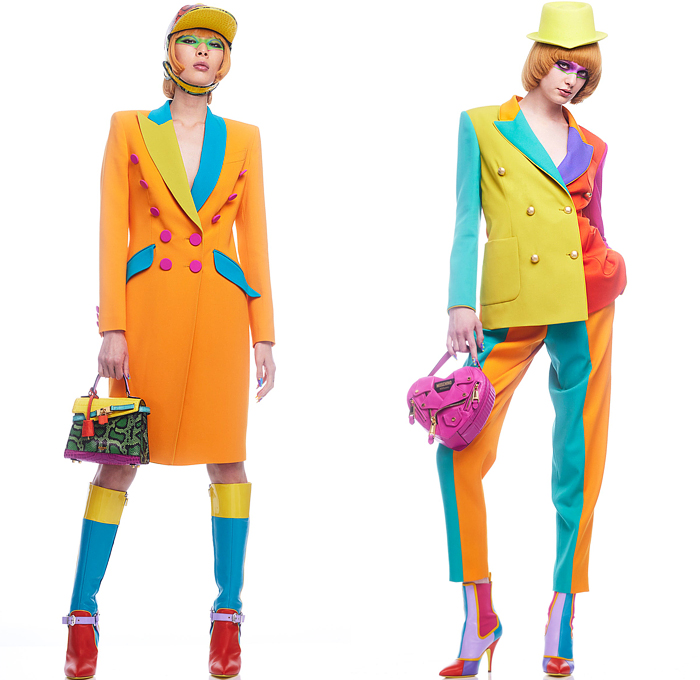 Moschino 2022 Pre-Fall Autumn Womens Lookbook Presentation - Colorblock Marching Band Drum Corps Military Blazer Coat Pantsuit Motorcycle Biker Jacket Poufy Shoulders Dress Shirtdress Shorts Miniskirt Accordion Pleats Stripes Corset Bustier Coins Cubes Prisms Zigzag Topography Swirls Sheer Tulle Halterneck Handbag Snakeskin Boots Opera Gloves Bowler's Hat Hobo Heart Bag Helmet Equestrian Mask