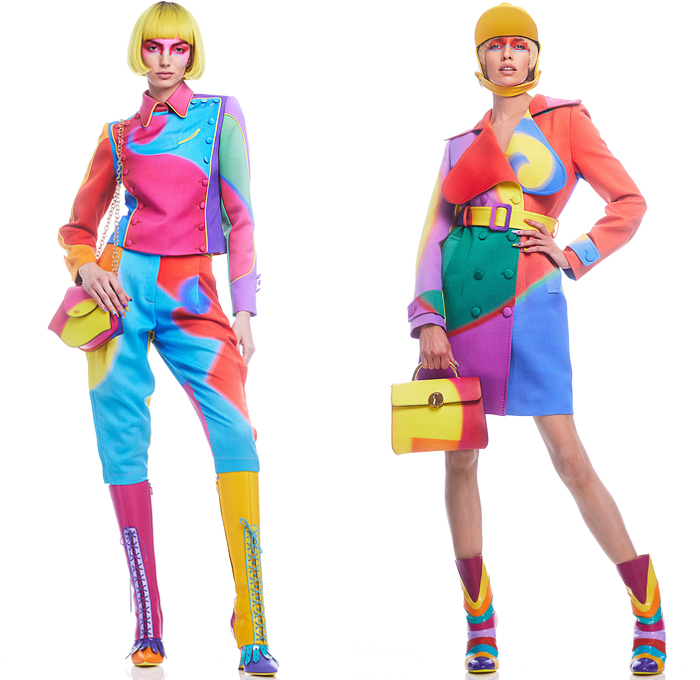 Moschino 2022 Pre-Fall Autumn Womens Lookbook Presentation - Colorblock Marching Band Drum Corps Military Blazer Coat Pantsuit Motorcycle Biker Jacket Poufy Shoulders Dress Shirtdress Shorts Miniskirt Accordion Pleats Stripes Corset Bustier Coins Cubes Prisms Zigzag Topography Swirls Sheer Tulle Halterneck Handbag Snakeskin Boots Opera Gloves Bowler's Hat Hobo Heart Bag Helmet Equestrian Mask