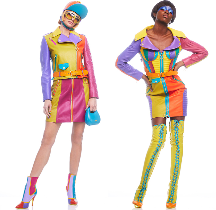 Moschino 2022 Pre-Fall Autumn Womens Lookbook Presentation - Colorblock Marching Band Drum Corps Military Blazer Coat Pantsuit Motorcycle Biker Jacket Poufy Shoulders Dress Shirtdress Shorts Miniskirt Accordion Pleats Stripes Corset Bustier Coins Cubes Prisms Zigzag Topography Swirls Sheer Tulle Halterneck Handbag Snakeskin Boots Opera Gloves Bowler's Hat Hobo Heart Bag Helmet Equestrian Mask