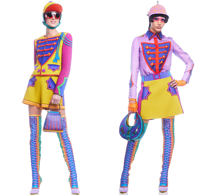 Moschino 2022 Pre-Fall Autumn Womens Lookbook Presentation - Colorblock Marching Band Drum Corps Military Blazer Coat Pantsuit Motorcycle Biker Jacket Poufy Shoulders Dress Shirtdress Shorts Miniskirt Accordion Pleats Stripes Corset Bustier Coins Cubes Prisms Zigzag Topography Swirls Sheer Tulle Halterneck Handbag Snakeskin Boots Opera Gloves Bowler's Hat Hobo Heart Bag Helmet Equestrian Mask